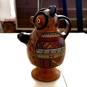 Handcrafted Spiritual Peru Ceramic Whistling Vessel Shamanic Owl Jaguar Totem
